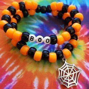 Handmade Two strand Orange and Black Halloween Boo Kandi bracelets